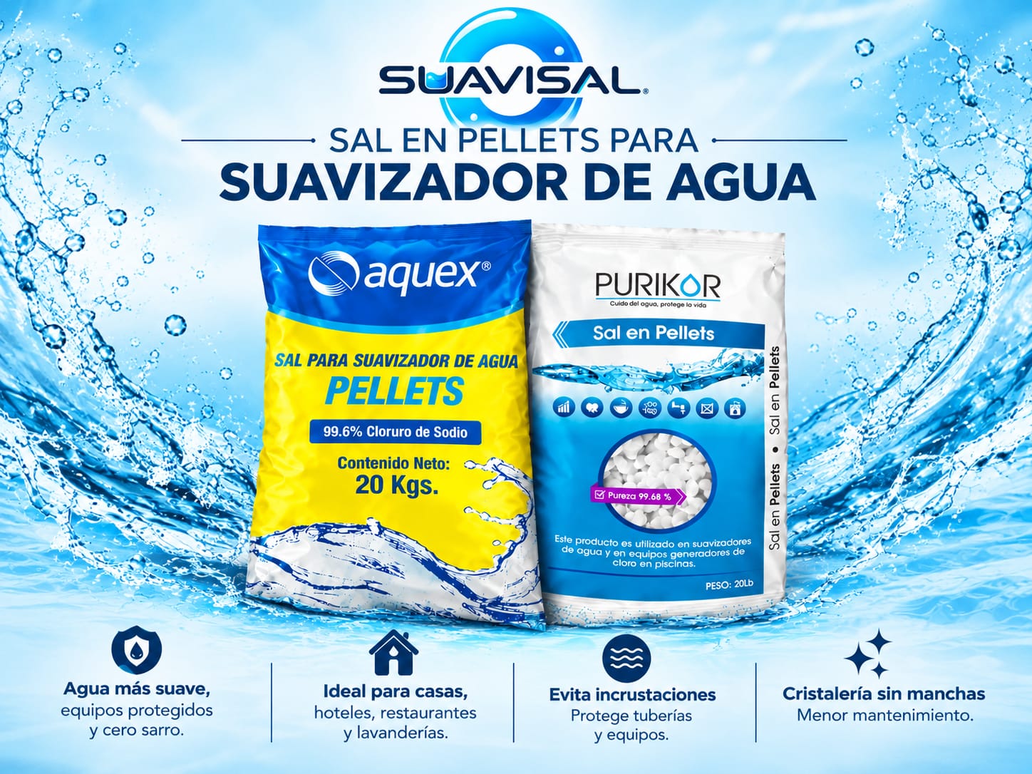 Bultos de sal en pellets Aquex y Purikor para suavizador