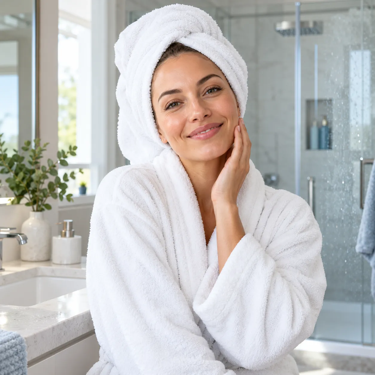 Mujer adulta en bata disfrutando de un momento de bienestar en un baño luminoso